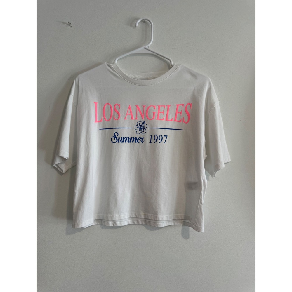 Zara Los Angeles Summer 1997 Graphic Tee girls Size 13-14 White Short Sleeve